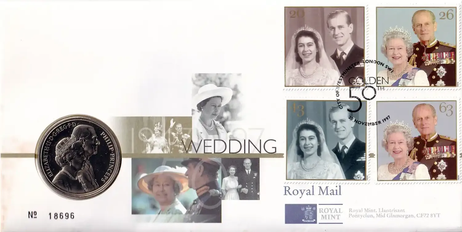UK 1997 FDC, Queen Elizabeth 50th Wedding Anniversary Stamps + £5 Coin.