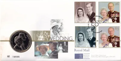 UK 1997 FDC, Queen Elizabeth 50th Wedding Anniversary Stamps + £5 Coin. UK 1997 FDC, Queen Elizabeth 50th Wedding Anniversary Stamps + £5 Coin.