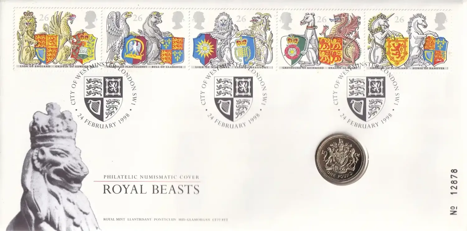 UK FDC 1998 Royal Mint Royal Beasts BU £1 One Pound Coin.