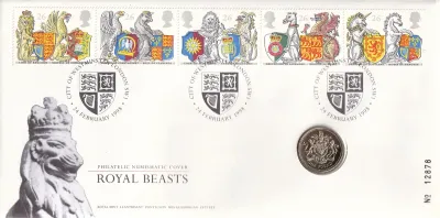 UK FDC 1998 Royal Mint Royal Beasts BU £1 One Pound Coin. UK FDC 1998 Royal Mint Royal Beasts BU £1 One Pound Coin.