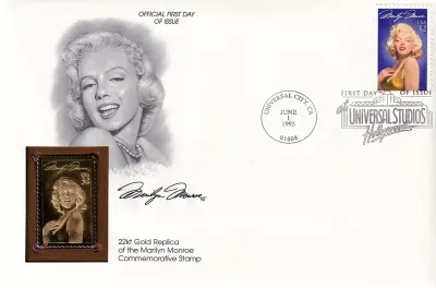 USA FDC 1995 Marilyn Monroe Legends of Hollywood 32¢ FDC 22K Gold Stamp Replica.
