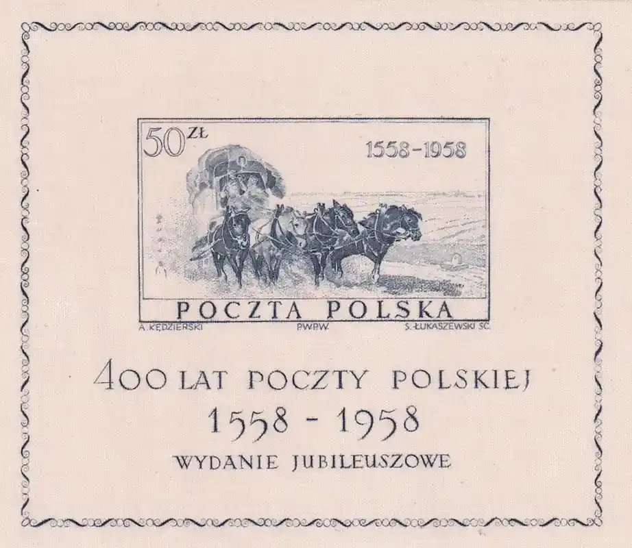Poland 1958 Coach Painting on Printed Silk. Very Rare Silk Sheet MNH(**)