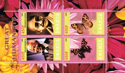 Rwanda 2009 Great Humanists sheetlet that features Nelson Mandela alongside Gandhi & butterflies. MNH Rwanda 2009 Great Humanists sheetlet that features Nelson Mandela alongside Gandhi & butterflies. MNH