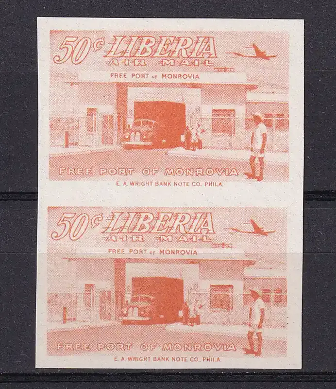 Liberia 1953 Airmail - Reconstruction 50c Imperf pair-MNH (**)