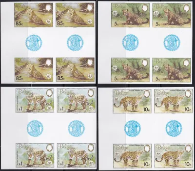 Belize 1983 World Wildlife Fund - The Jaguar, Mammals. Gutter Block. Proof, Imperf MNH(**)