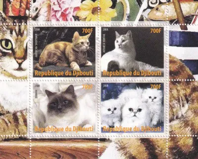 Djibouti 2008 Cats. American Shorthair, Birman Persian, Japanese Bobtail. Animals. MNH (**) Djibouti 2008 Cats. American Shorthair, Birman Persian, Japanese Bobtail. Animals. MNH (**)