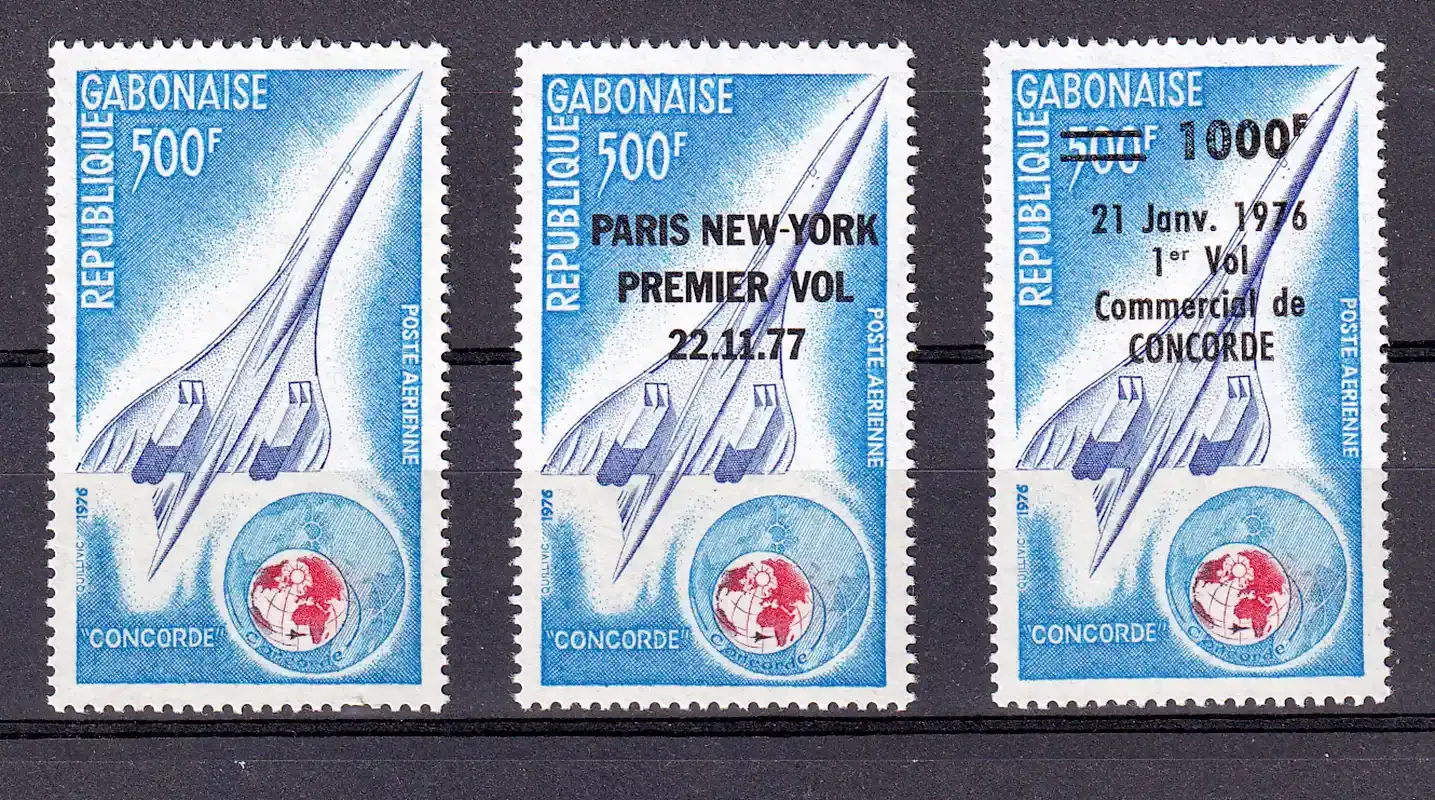 Gabon 1975 Airmail - Concorde, 1976 First Commercial, 1977 "PARIS NEW YORK PREMIER VOL 22.11.77". MNH(**)