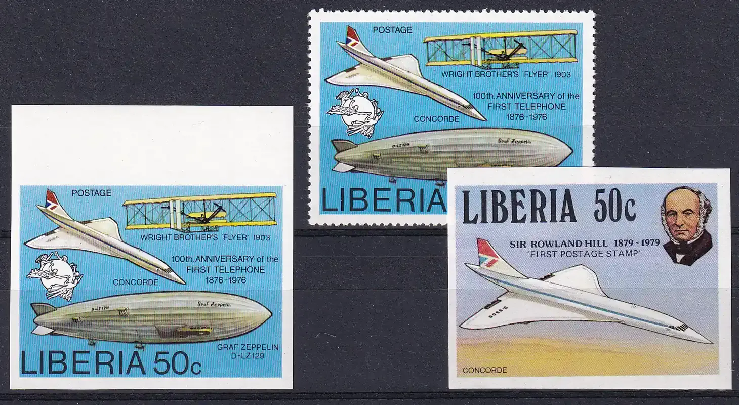 Liberia 1976 Anniv of the Telephone. Aviation Perf+Imperf, 1979 Imperf 50c Airplanes-MNH (**)