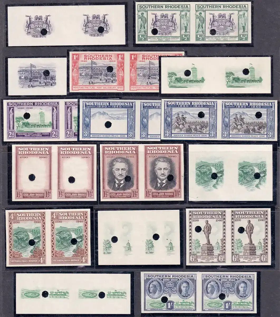 Southern Rhodesia 1940, Pairs of the BSAC Centenary set in all Imperf Proofs of Vignettes. vf-superb MNH(**)