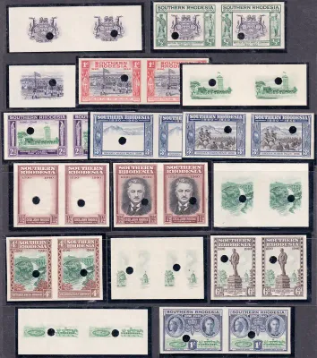 Southern Rhodesia 1940, Pairs of the BSAC Centenary set in all Imperf Proofs of Vignettes. vf-superb MNH(**) Southern Rhodesia 1940, Pairs of the BSAC Centenary set in all Imperf Proofs of Vignettes. vf-superb MNH(**)