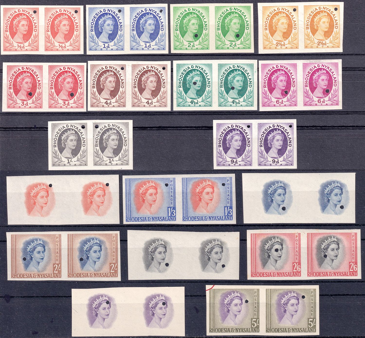 Rhodesia &amp; Nyasaland 1954, Pairs of Imperf Proofs of Vignettes. vf-superb. MNH(**)