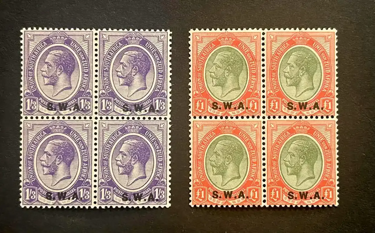 South West Africa 1927 KGV overprint "SWA" set in Blocks of 4. Rare find - MNH (**) South West Africa 1927 KGV overprint "SWA" set in Blocks of 4. Rare find - MNH (**)