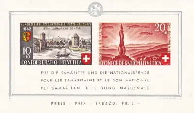 Switzerland 1942 Pro Patria - The 2000th Anniv of Geneva. (SS/2v). MNH(**) Switzerland 1942 Pro Patria - The 2000th Anniv of Geneva. (SS/2v). MNH(**)