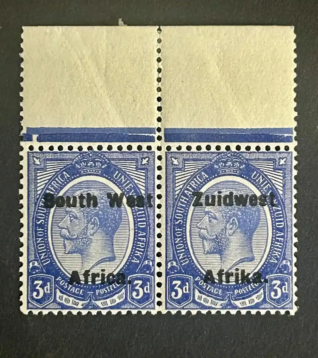 South West Africa 1924 KGV 3d Overprint, Setting VI. Shade variety (Rare) "Dark Blue". Superb and fresh, SACC 55a. MNH(**)