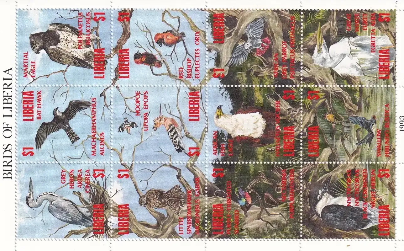 Liberia 1994 Native Birds (ss/8v)-MNH (**) Liberia 1994 Native Birds (ss/8v)-MNH (**)