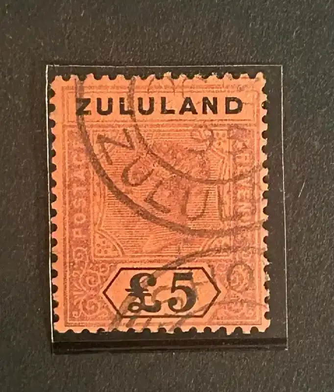 Zululand 1894 -1896 Queen Victoria, £5, very fine used. Zululand Eshowe Cancellation. Zululand 1894 -1896 Queen Victoria, £5, very fine used. Zululand Eshowe Cancellation.
