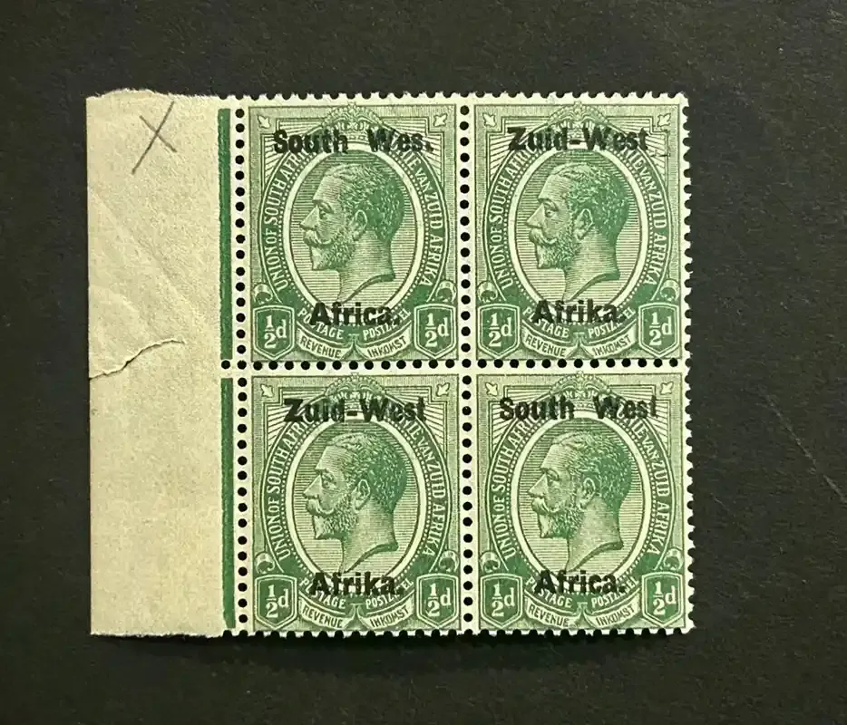 South West Africa 1923 KGV ½d, setting I. Block of four, top-left stamp showing ‘WES’ for ‘WEST’ Variety. "Superb Unmounted" - MNH(**) South West Africa 1923 KGV ½d, setting I. Block of four, top-left stamp showing ‘WES’ for ‘WEST’ Variety. "Superb Unmounted" - MNH(**)