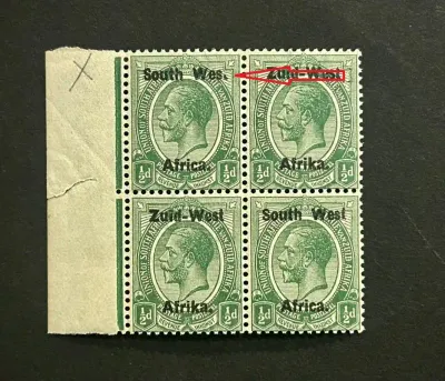 South West Africa 1923 KGV ½d, setting I. Block of four, top-left stamp showing ‘WES’ for ‘WEST’ Variety. "Superb Unmounted" - MNH(**)