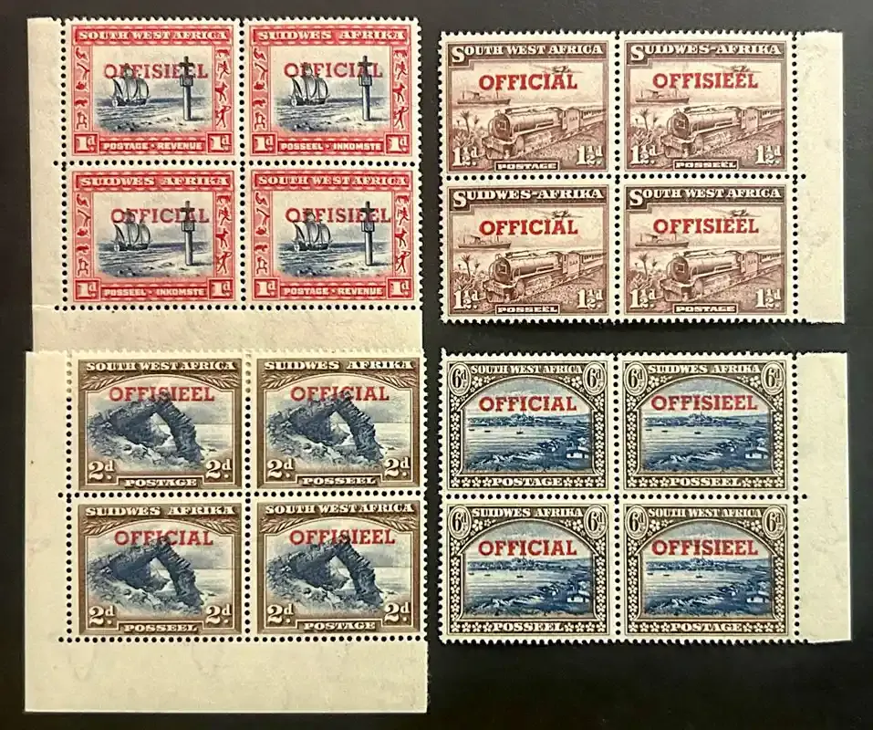 South West Africa 1938 Official Overprinted Blocks. (Each with a transposed pair). Scarce as such - MNH(**) South West Africa 1938 Official Overprinted Blocks. (Each with a transposed pair). Scarce as such - MNH(**)
