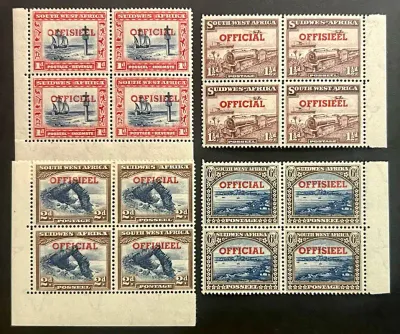 South West Africa 1938 Official Overprinted Blocks. (Each with a transposed pair). Scarce as such - MNH(**) South West Africa 1938 Official Overprinted Blocks. (Each with a transposed pair). Scarce as such - MNH(**)