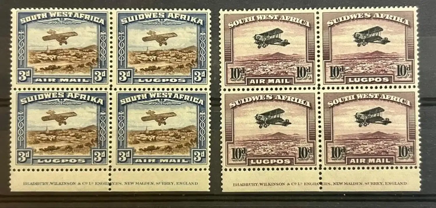 South West Africa 1931 3d and 10d Airs Inscriptional Blocks. SG 86-87 "Superb Unmounted" - MNH(**) South West Africa 1931 3d and 10d Airs Inscriptional Blocks. SG 86-87 "Superb Unmounted" - MNH(**)