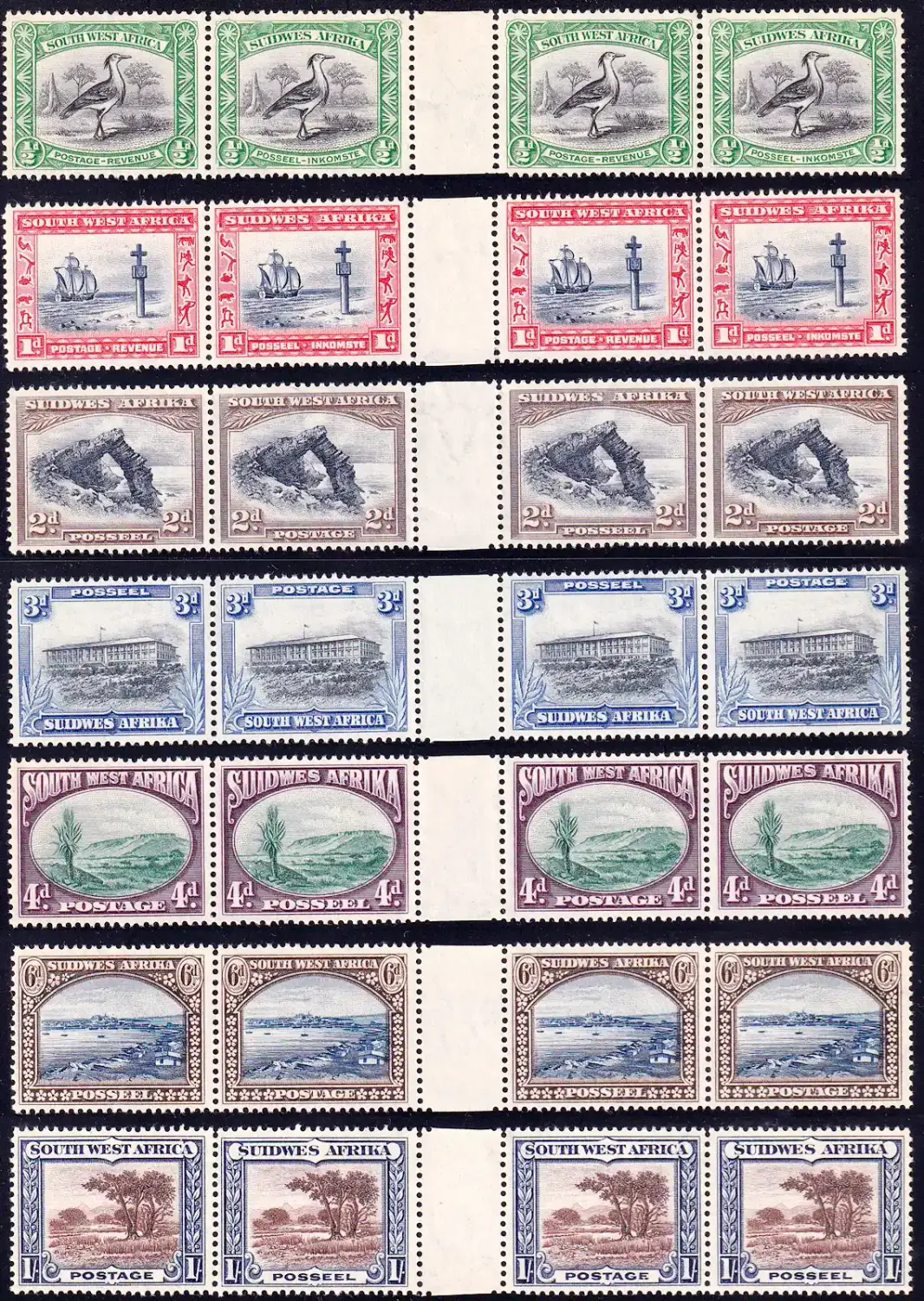 South West Africa 1931 Pictorial definitive (perf. up). ½d to 1s, horizontal strips of four across the inter panneau margin. Very fine, unused without gum. MNH (**) South West Africa 1931 Pictorial definitive (perf. up). ½d to 1s, horizontal strips of four across the inter panneau margin. Very fine, unused without gum. MNH (**)