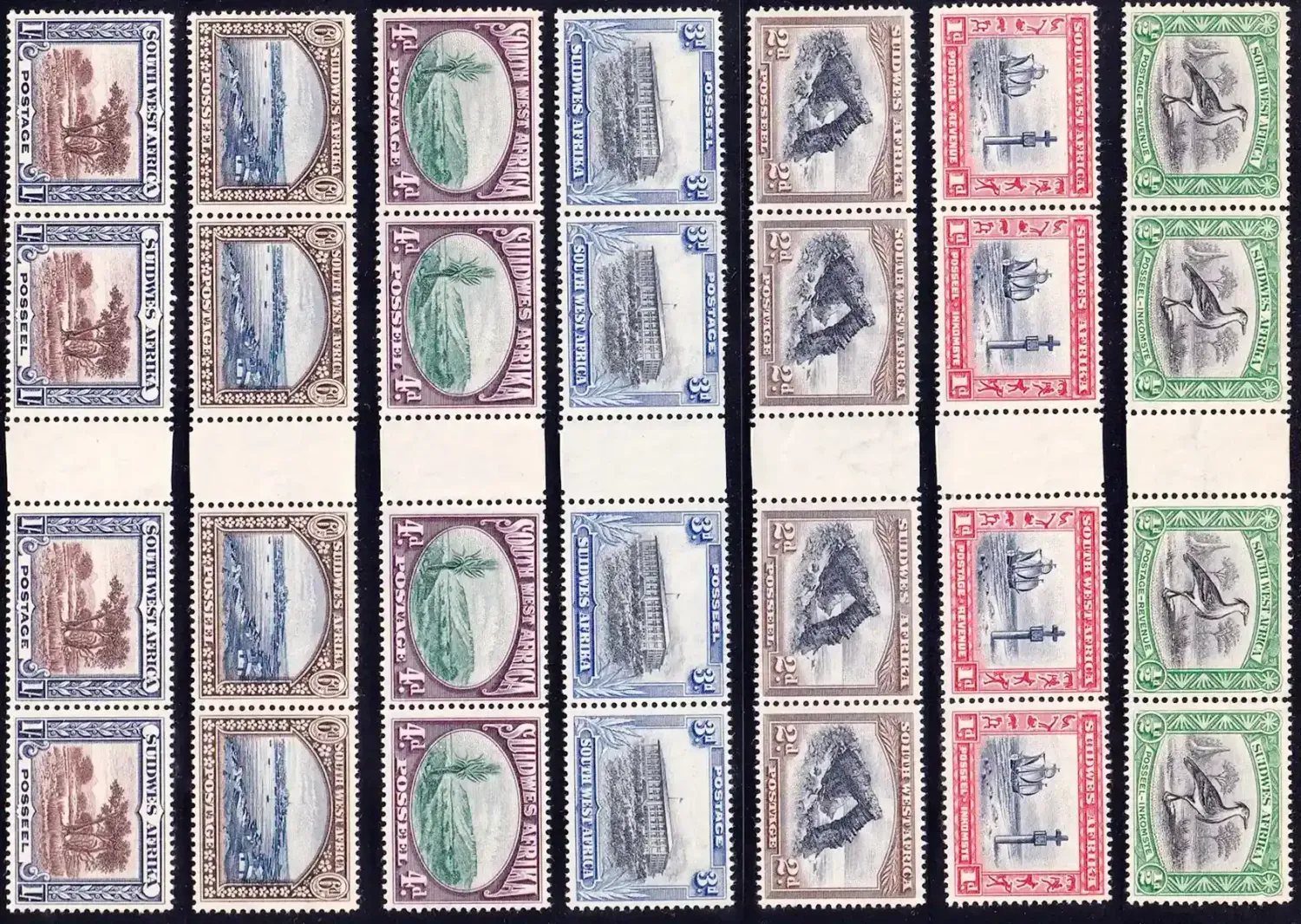 South West Africa 1931 Pictorial definitive (perf. up). ½d to 1s, horizontal strips of four across the inter panneau margin. Very fine, unused without gum. MNH (**) South West Africa 1931 Pictorial definitive (perf. up). ½d to 1s, horizontal strips of four across the inter panneau margin. Very fine, unused without gum. MNH (**)