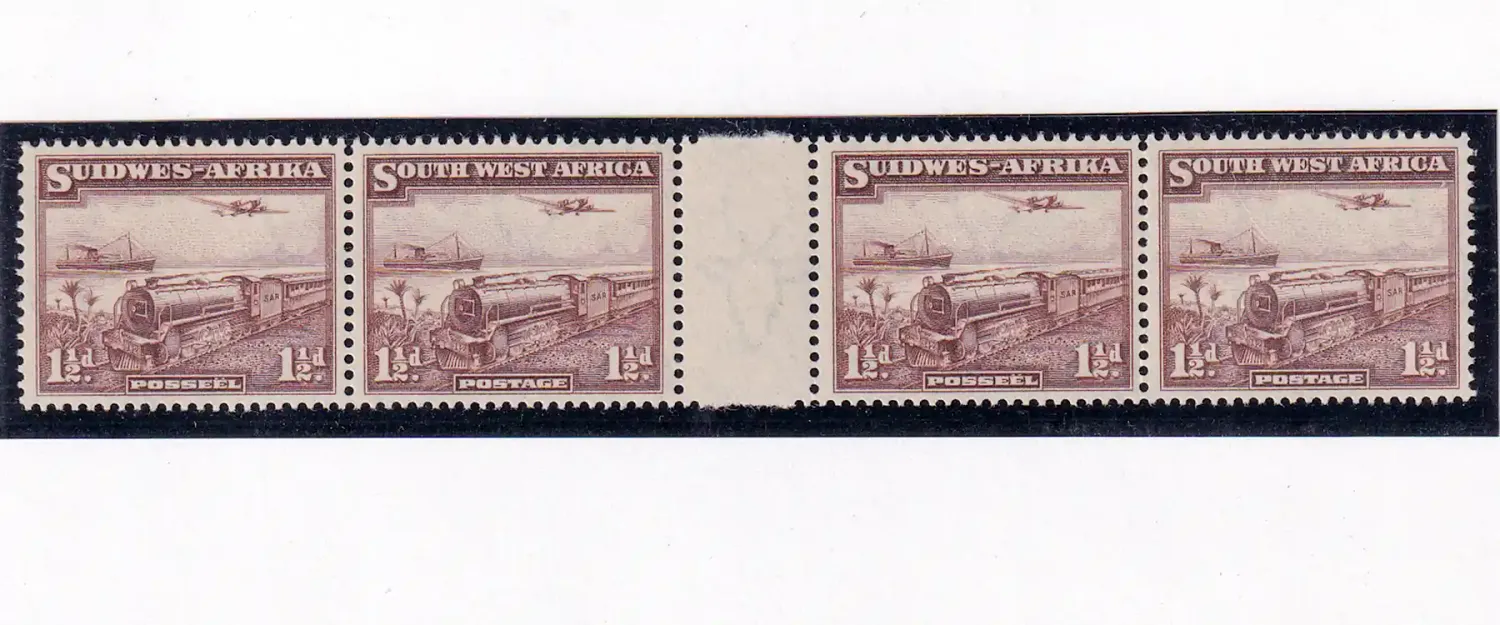 South West Africa 1937 Pictorial definitive (perf. up). 1½d additional value, horizontal strip of four across the inter panneau margin. Very fine, unused without gum. Ex Archives. MNH (**) South West Africa 1937 Pictorial definitive (perf. up). 1½d additional value, horizontal strip of four across the inter panneau margin. Very fine, unused without gum. Ex Archives. MNH (**)
