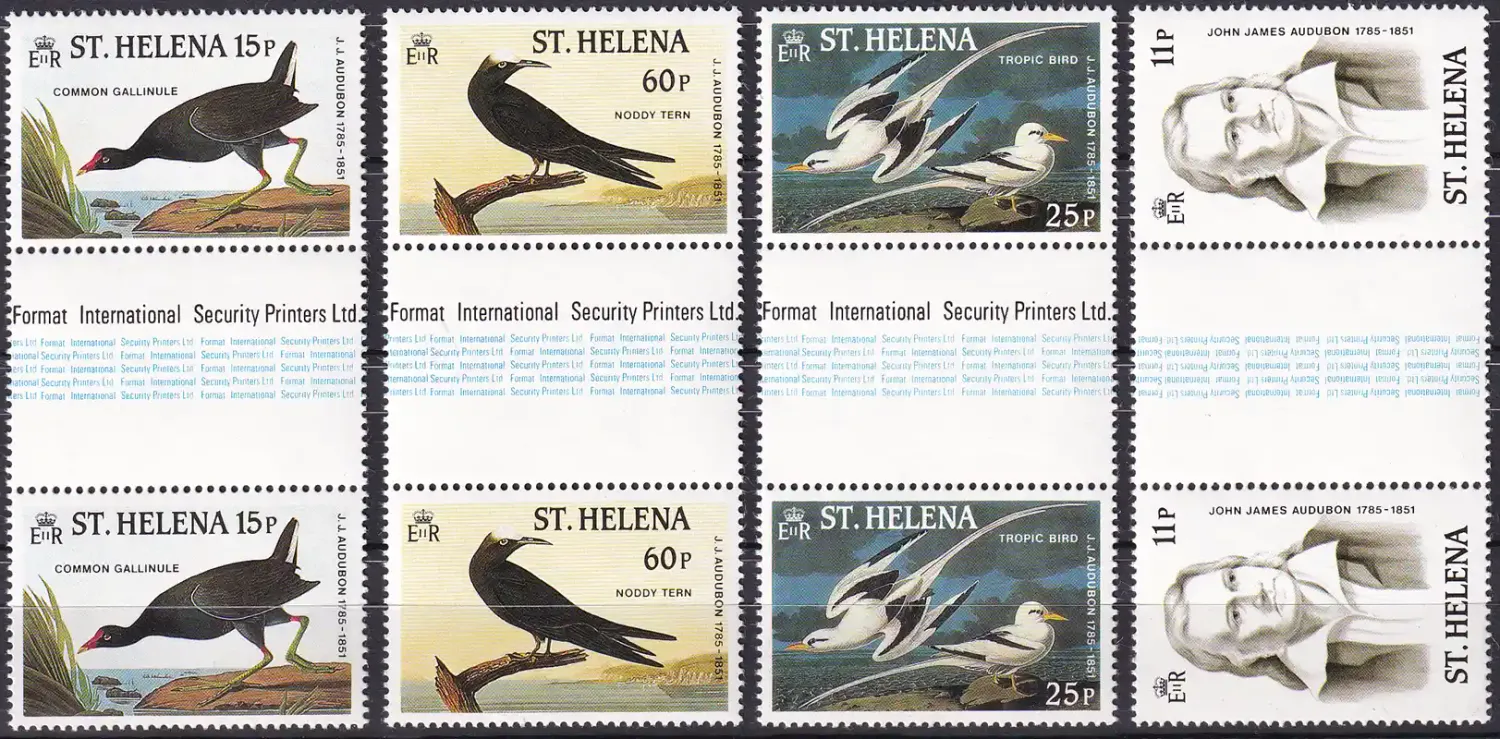 St. Helena 1985 Birds - Anniversary of the Birth of James Audubon, 1785-1861s. Gutter Pairs MNH(**) St. Helena 1985 Birds - Anniversary of the Birth of James Audubon, 1785-1861s. Gutter Pairs MNH(**)