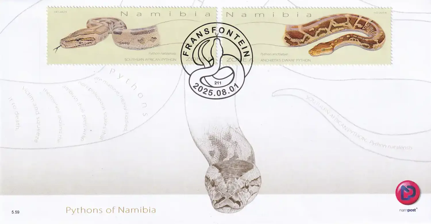 Namibia 2025 Reptiles - Pythons of Namibia. FDC Namibia 2025 Reptiles - Pythons of Namibia. FDC
