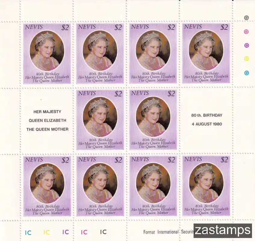 Nevis 1980 Queen Mother 80th Birthday (ss/v10)-MNH(**) Nevis 1980 Queen Mother 80th Birthday (ss/v10)-MNH(**)