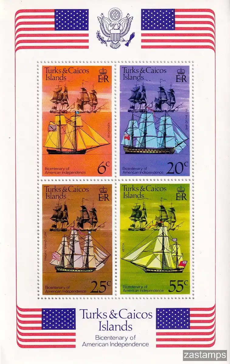Turks & Caicos Islands 1976 The 200th Anniv of the American Revolution. Ships (ss/v4)-MNH(**) Turks & Caicos Islands 1976 The 200th Anniv of the American Revolution. Ships (ss/v4)-MNH(**)
