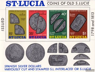 St. Lucia 1974 Coins of Old St. Lucia (ss/v4)-MNH(**) St. Lucia 1974 Coins of Old St. Lucia (ss/v4)-MNH(**)