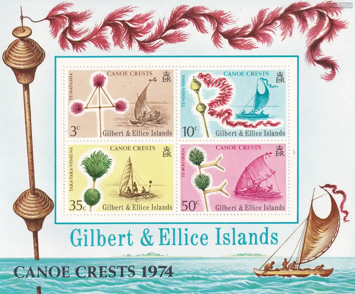 Gilbert and Ellice Islands 1974 Canoe Crests, ships. (ss/v4). MNH(**) Gilbert and Ellice Islands 1974 Canoe Crests, ships. (ss/v4). MNH(**)