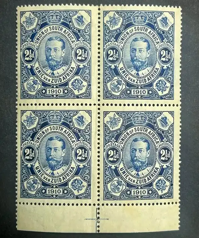 Union of South Africa 1910 KGV 2½d (SG1). Block of four. Very fine MNH(**) Union of South Africa 1910 KGV 2½d (SG1). Block of four. Very fine MNH(**)