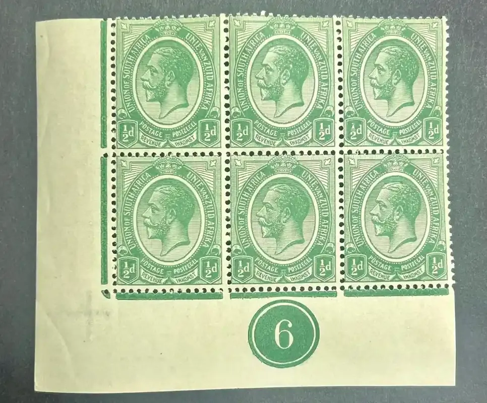 South Africa 1913 KGV Kings Head ½d. Lower right corner block of six showing plate '6' in margin. MNH(**) South Africa 1913 KGV Kings Head ½d. Lower right corner block of six showing plate '6' in margin. MNH(**)