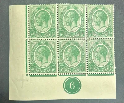 South Africa 1913 KGV Kings Head ½d. Lower right corner block of six showing plate '6' in margin. MNH(**) South Africa 1913 KGV Kings Head ½d. Lower right corner block of six showing plate '6' in margin. MNH(**)