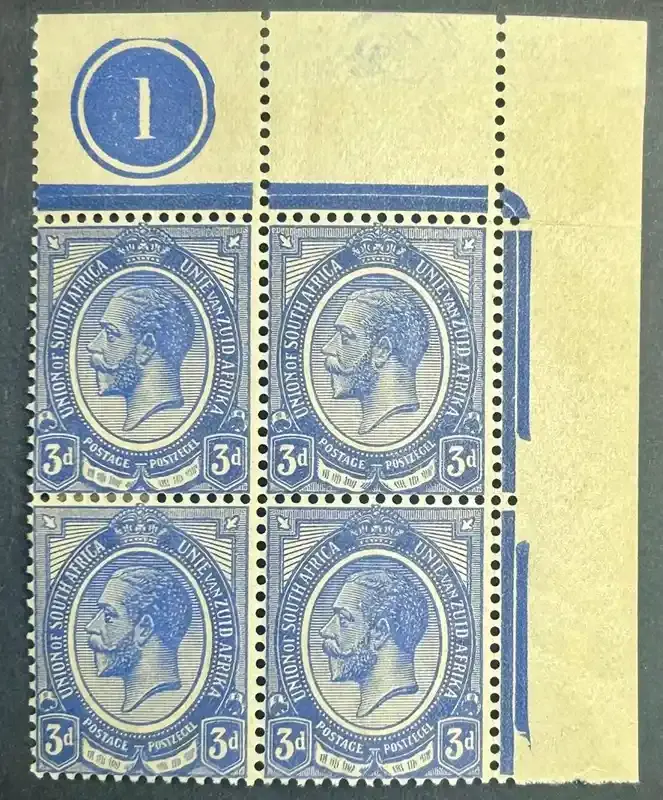 South Africa 1913 KGV Kings Head 3d .Upper left corner block of four showing plate '1' in margin. SG7 MNH(**) South Africa 1913 KGV Kings Head 3d .Upper left corner block of four showing plate '1' in margin. SG7 MNH(**)
