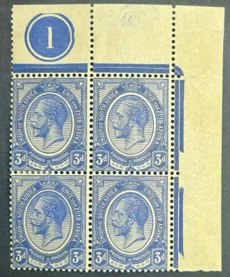 South Africa 1913 KGV Kings Head 3d .Upper left corner block of four showing plate '1' in margin. SG7 MNH(**) South Africa 1913 KGV Kings Head 3d .Upper left corner block of four showing plate '1' in margin. SG7 MNH(**)