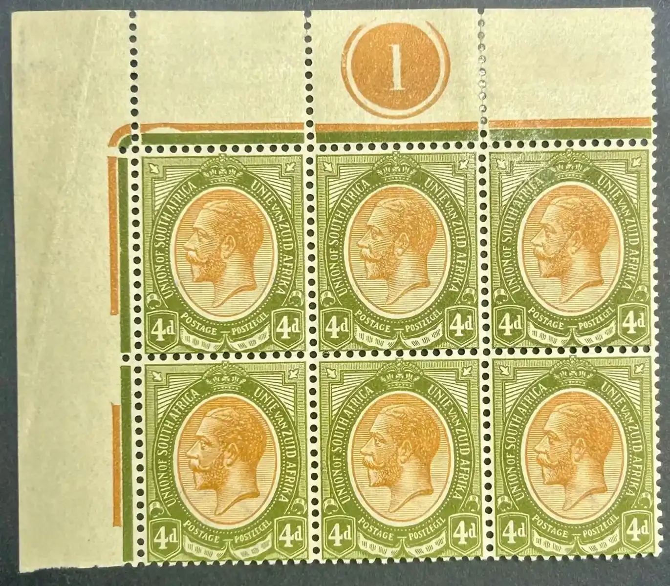 South Africa 1913 KGV Kings Head 4d .Upper left corner block fo 6 showing plate '1' in margin. SG10. MNH(**) South Africa 1913 KGV Kings Head 4d .Upper left corner block fo 6 showing plate '1' in margin. SG10. MNH(**)