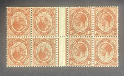 South Africa 1913 KGV 1½d tete-beche block of eight across the vertical interpanneau margin. Very fine unmounted. SG 5a MNH(**) South Africa 1913 KGV 1½d tete-beche block of eight across the vertical interpanneau margin. Very fine unmounted. SG 5a MNH(**)