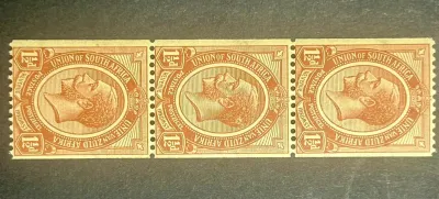 South Africa 1913 KGV Kings Heads Coil stamps, 1½d chestnut strip of three. MNH(**) South Africa 1913 KGV Kings Heads Coil stamps, 1½d chestnut strip of three. MNH(**)
