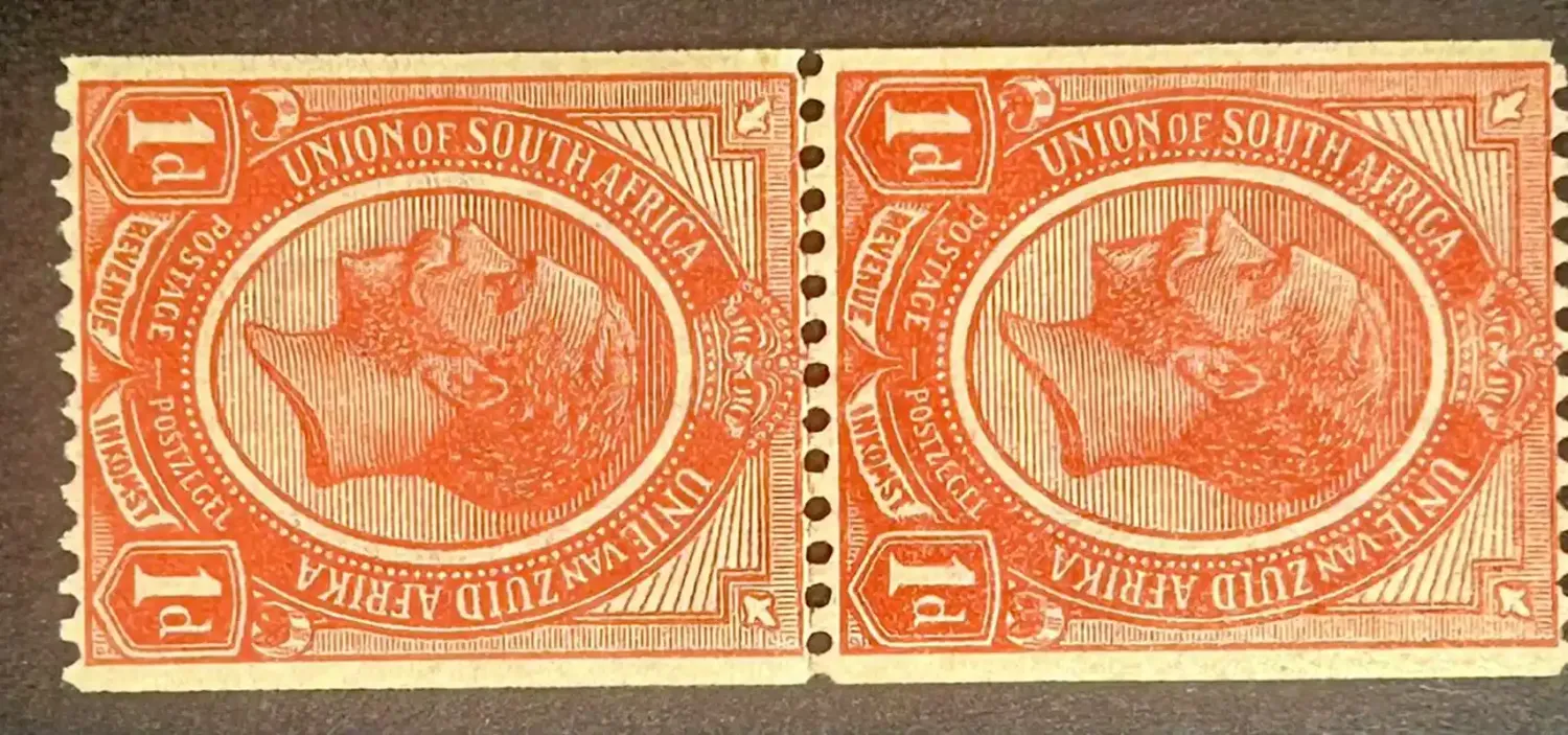 South Africa 1913 KGV Kings Heads Coil stamps, 1d rose-red group. Pair showing join between. MNH(**) South Africa 1913 KGV Kings Heads Coil stamps, 1d rose-red group. Pair showing join between. MNH(**)