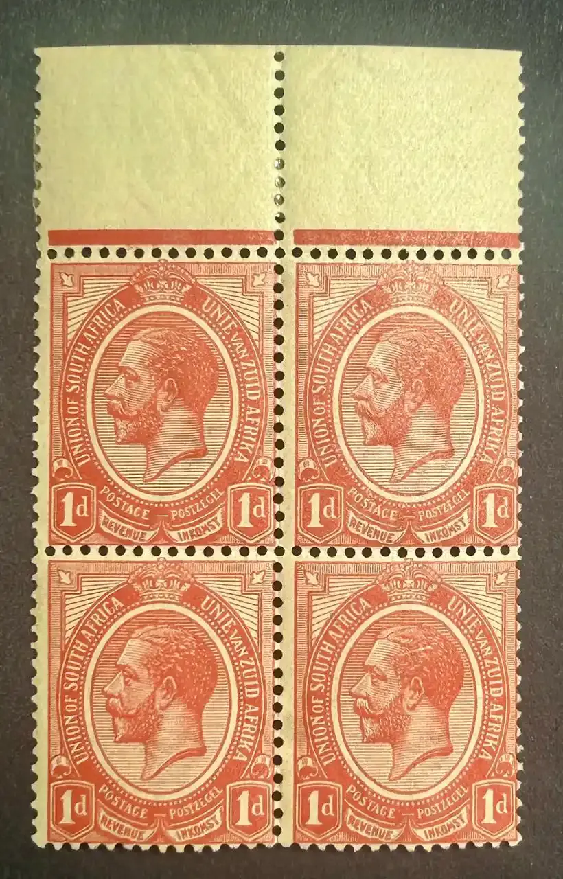 South Africa 1913 KGV Kings Head 1d rose-red. Top right stamp slightly under inked. MNH(**) South Africa 1913 KGV Kings Head 1d rose-red. Top right stamp slightly under inked. MNH(**)