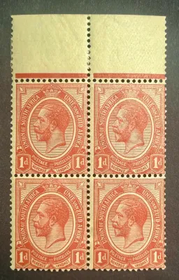 South Africa 1913 KGV Kings Head 1d rose-red. Top right stamp slightly under inked. MNH(**) South Africa 1913 KGV Kings Head 1d rose-red. Top right stamp slightly under inked. MNH(**)