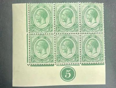 South Africa 1913 KGV Kings Head ½d. Lower right corner block of six showing plate '5' in margin. MNH(**) South Africa 1913 KGV Kings Head ½d. Lower right corner block of six showing plate '5' in margin. MNH(**)