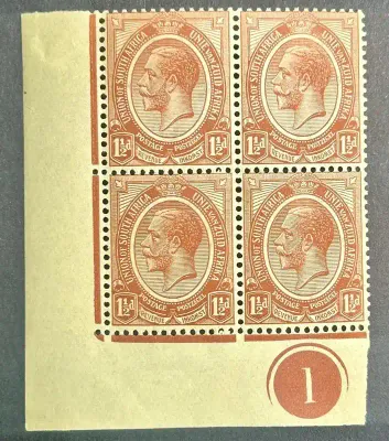 South Africa 1913 KGV Kings Head 1½d .Plate ‘1’ lower left corner block of four. MNH(**) South Africa 1913 KGV Kings Head 1½d .Plate ‘1’ lower left corner block of four. MNH(**)