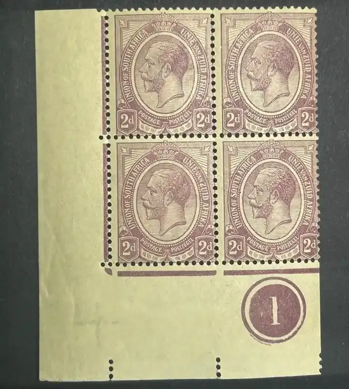 South Africa 1913 KGV Kings Head 2d .Plate ‘1’ lower right corner block of four. Part perf in margin. MNH(**) South Africa 1913 KGV Kings Head 2d .Plate ‘1’ lower right corner block of four. Part perf in margin. MNH(**)
