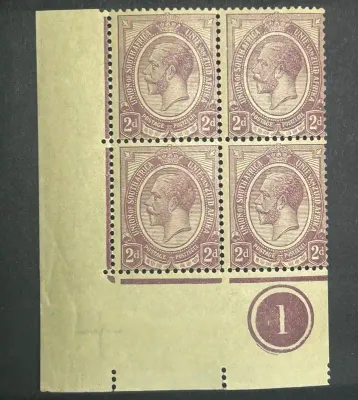 South Africa 1913 KGV Kings Head 2d .Plate ‘1’ lower right corner block of four. Part perf in margin. MNH(**) South Africa 1913 KGV Kings Head 2d .Plate ‘1’ lower right corner block of four. Part perf in margin. MNH(**)