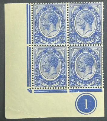 South Africa 1913 KGV Kings Head 3d .Bottom right corner block of four showing plate '1' in margin. SG7a MNH(**) South Africa 1913 KGV Kings Head 3d .Bottom right corner block of four showing plate '1' in margin. SG7a MNH(**)
